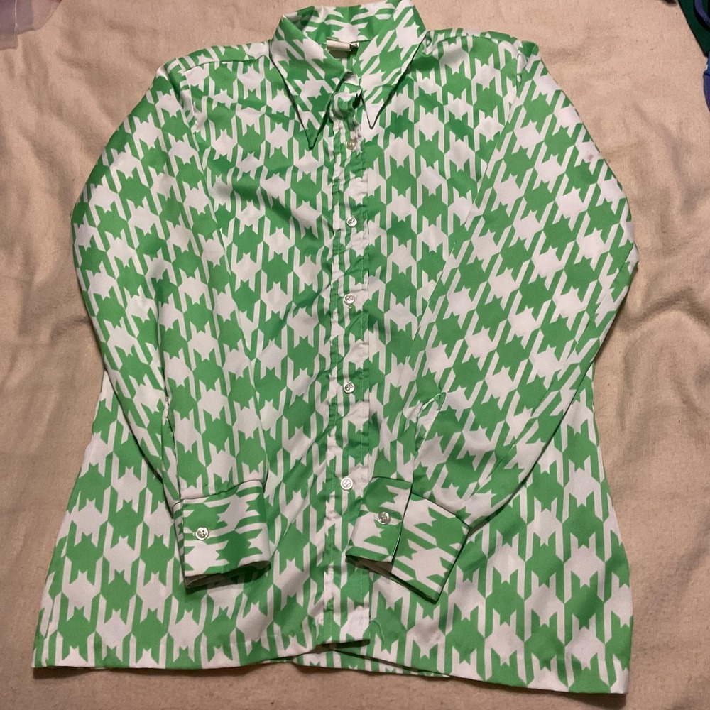 Vintage‎ Shapely Shirt Juniors 14 Green Geometric Permanent Press Button Up 70s